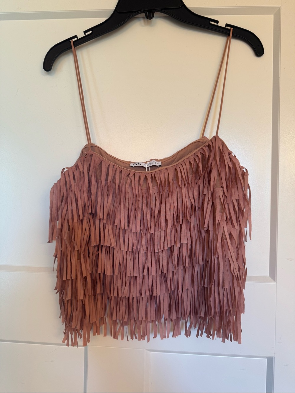 Zara Blush Fringe Spaghetti-Strap Crop Top